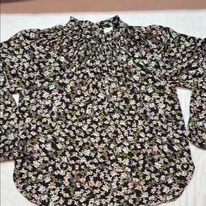 Boho Romantic Flowy LOFT Black Floral Ruffled Mandarin Collar Long Sleeve Top